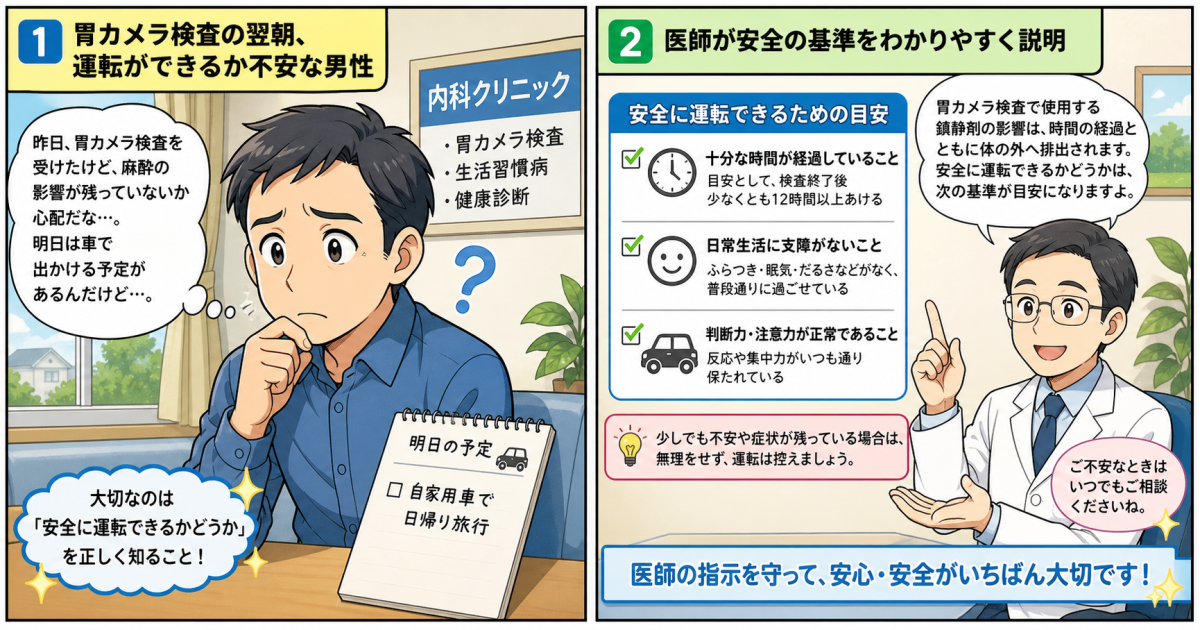 胃カメラ鎮静剤で翌日運転はいつから？医師が教える安全基準と判断法